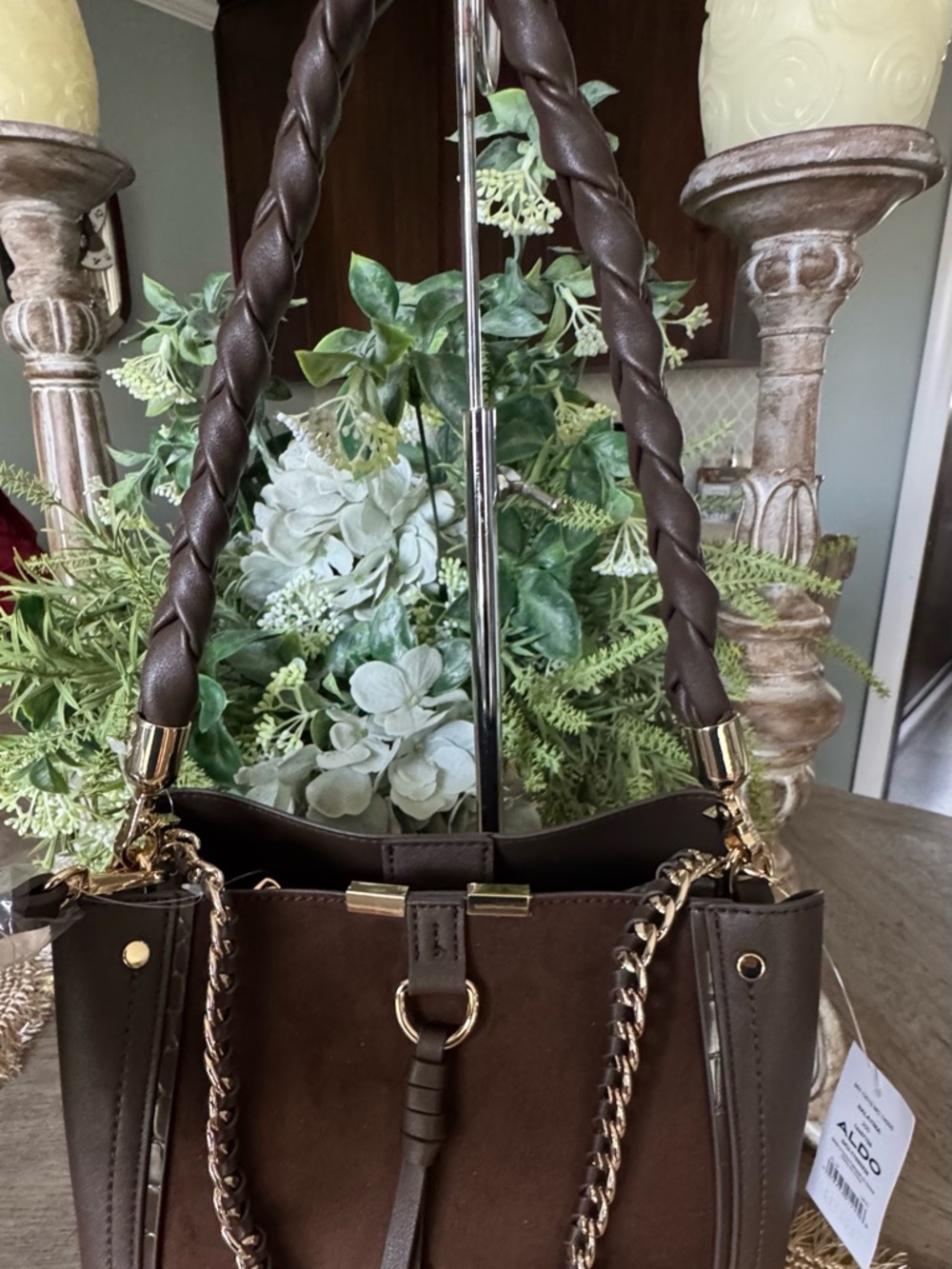 ALDO Beautiful NWT Shoulder or Crossbody Bag, Suede, Leather & Gold Accents 🤎